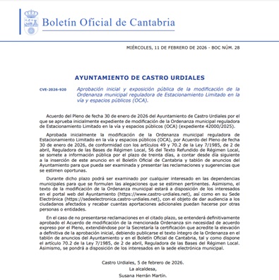 Anuncio en BOC num 28 de 22-02-2026 y el texto de modificación de la Ordenanza municipal reguladora del Aparcamiento Limitado en la Vía y Espacios Públicos (OCA)
