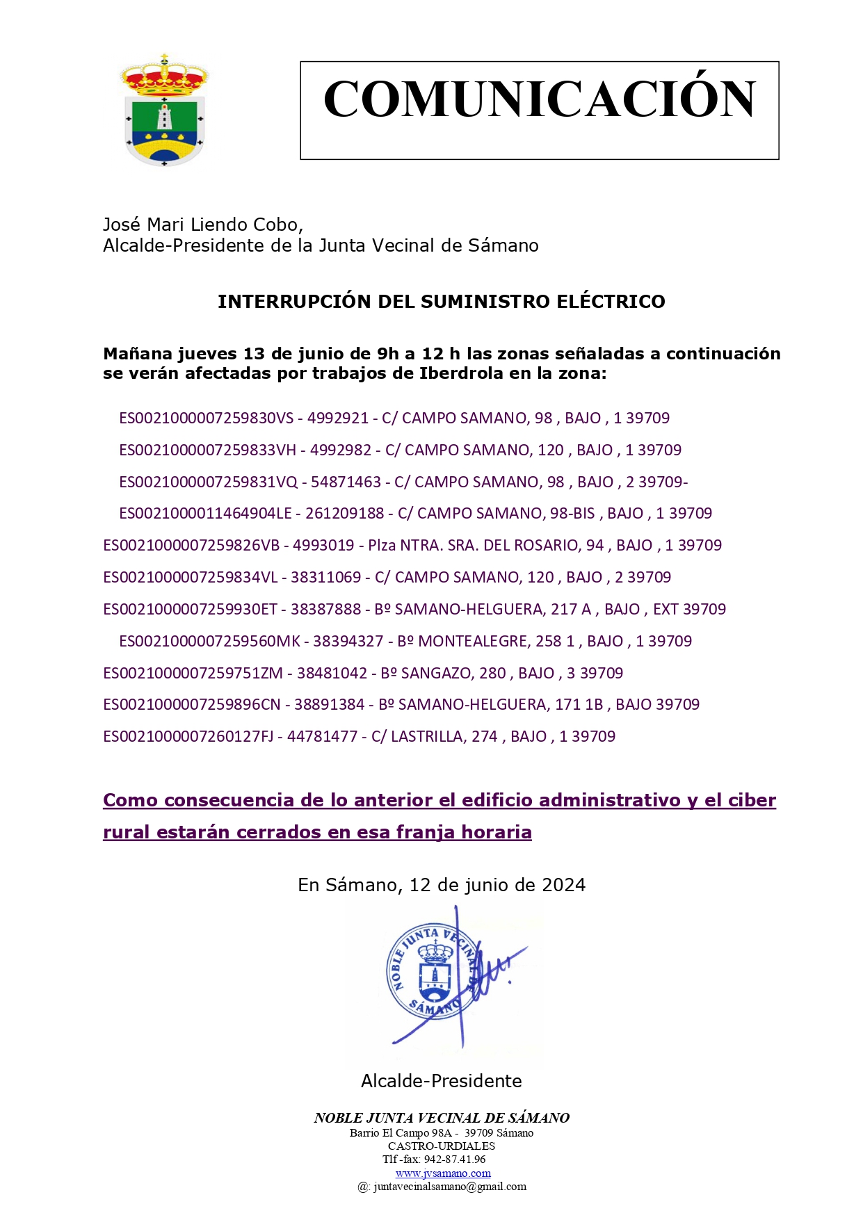 Interrupción del suministro eléctrico el 13 de junio de 9 a 12H