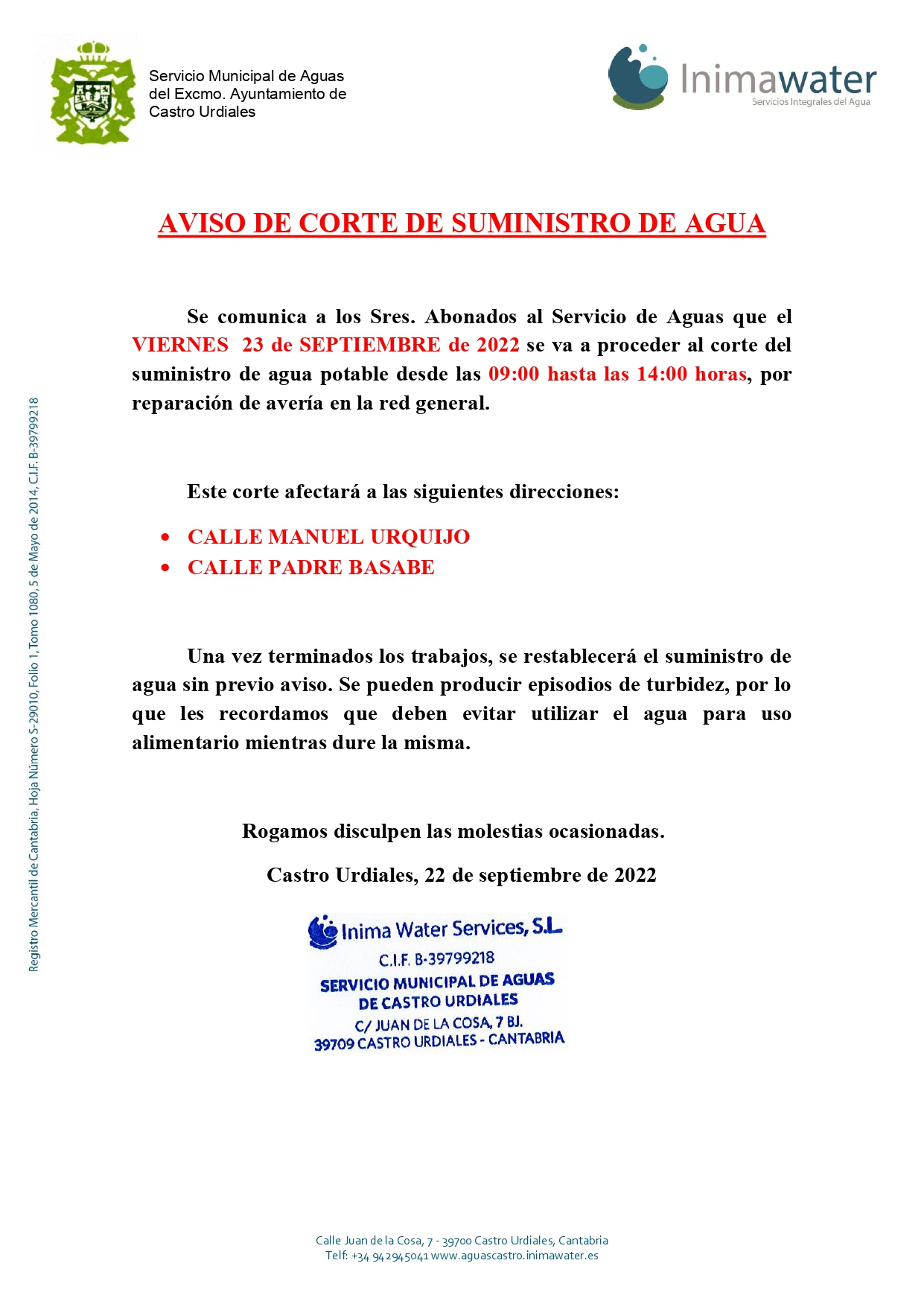 Aviso corte suministro de agua -  Viernes 23 de septiembre 