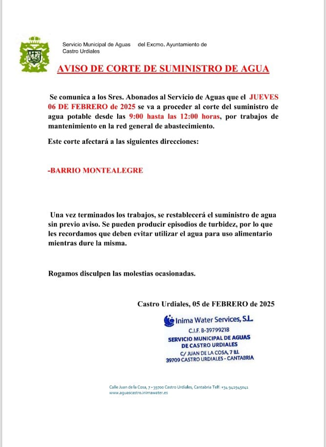 Aviso corte suministro de agua-jueves 6 Febrero 2025