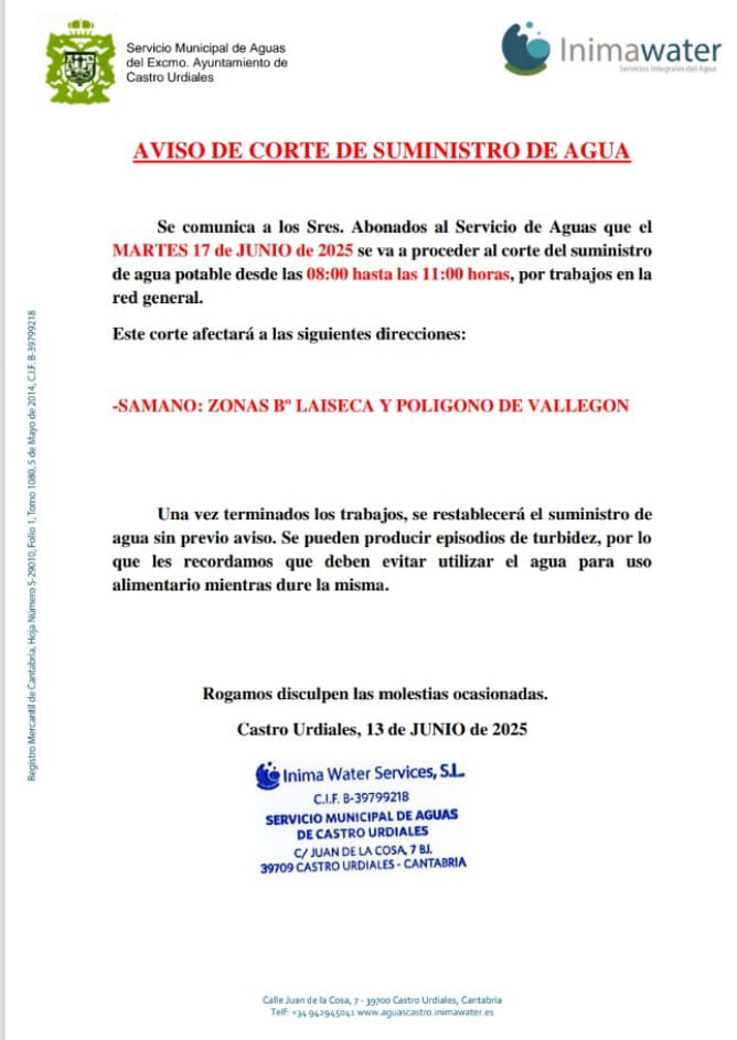 Aviso corte suministro de agua-Martes 17 junio 2025