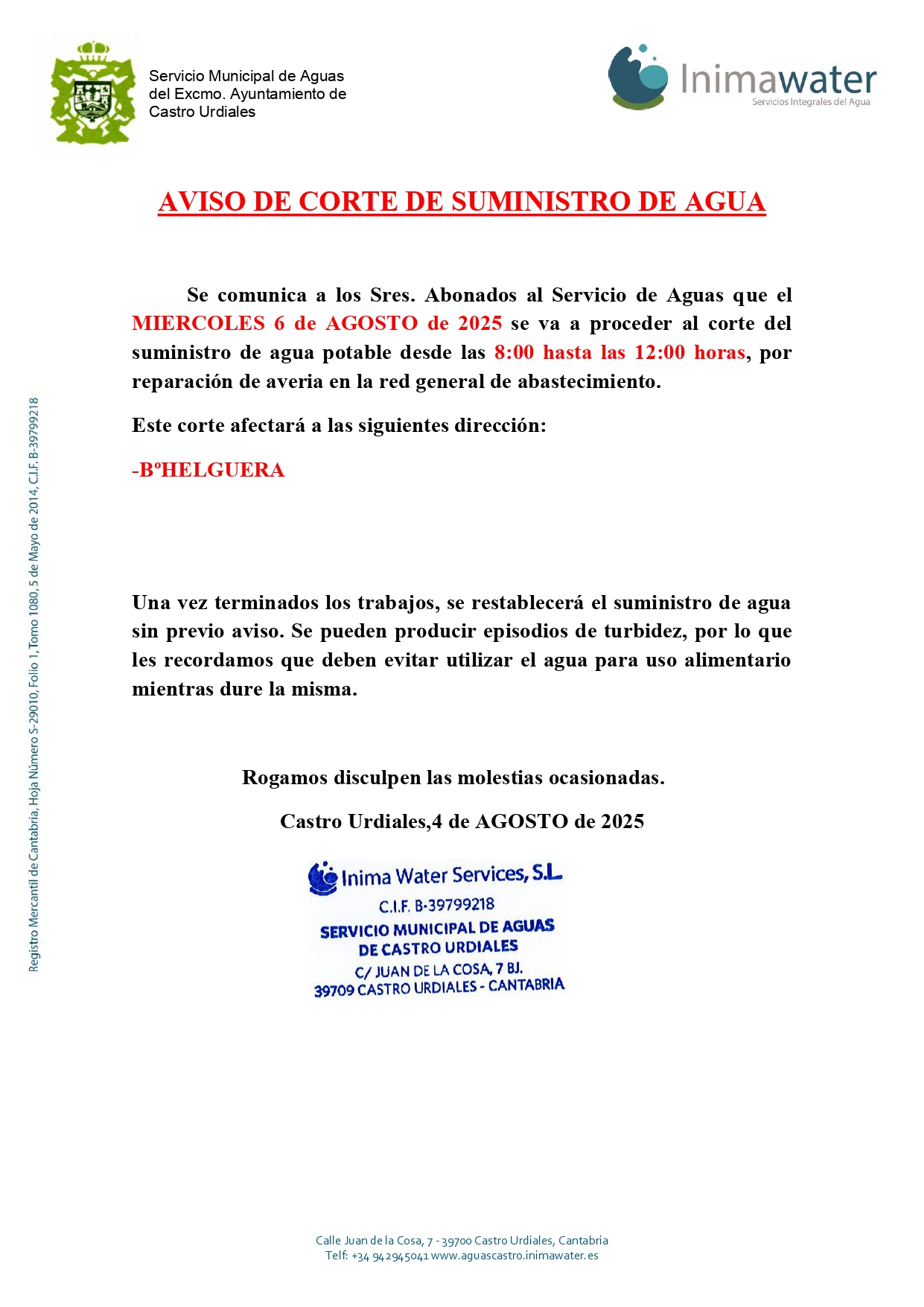 Aviso corte suministro de agua-Miercoles 6 Agosto 2025