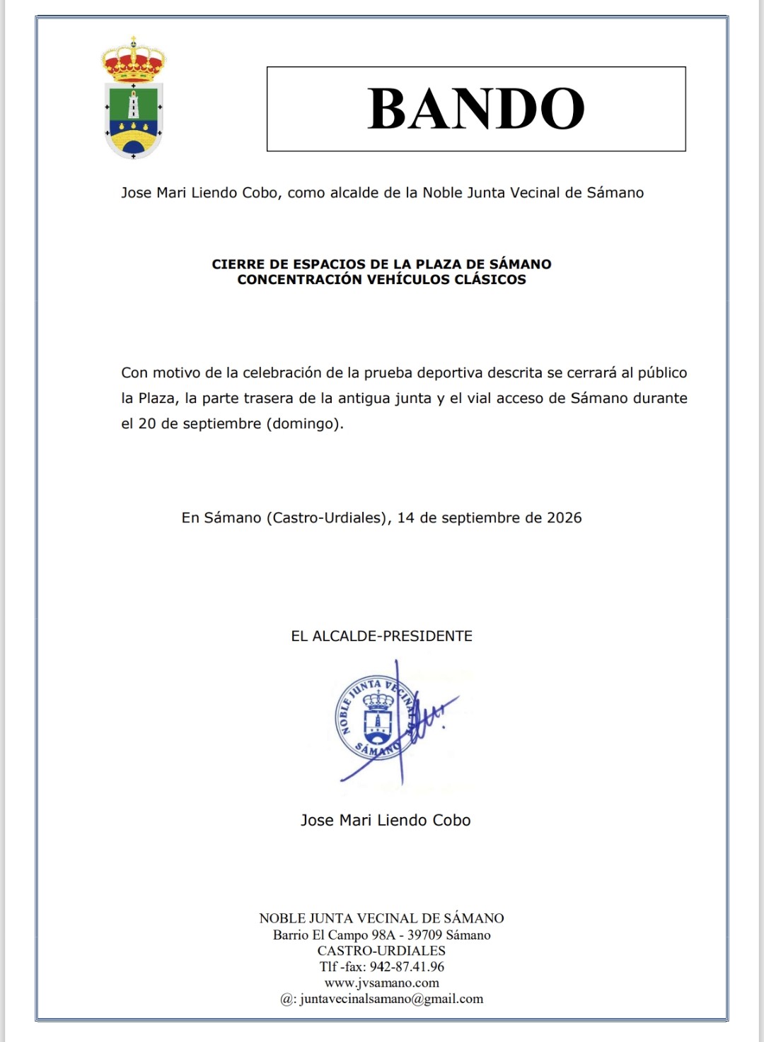 Bando: Cierre de espacios públicos IX Concentración Vehículos Clásicos 2026