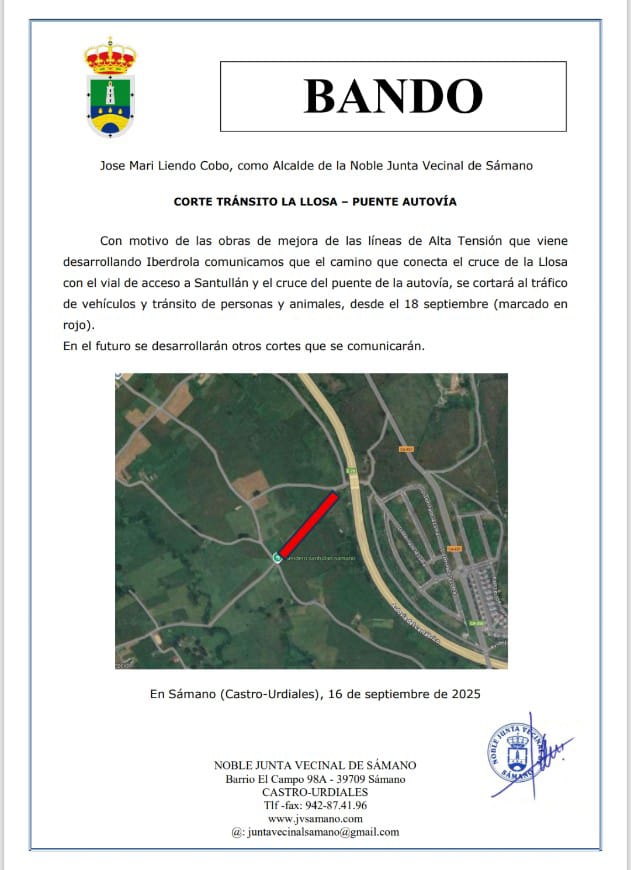 Bando: Corte de tránsito entre la Llosa y el puente de la autovía. Septiembre 2025
