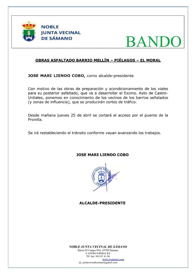 Bando: Asfaltado Barrio Mellín-Piélagos- El Moral