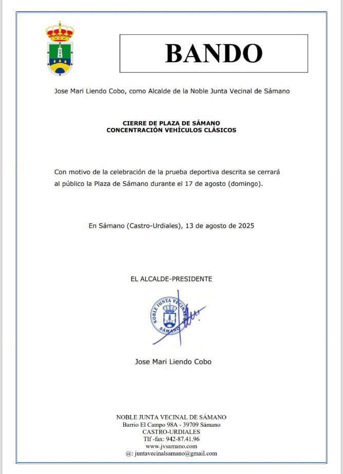 Bando: Cierre Plaza de Sámano 17 Agosto 2025