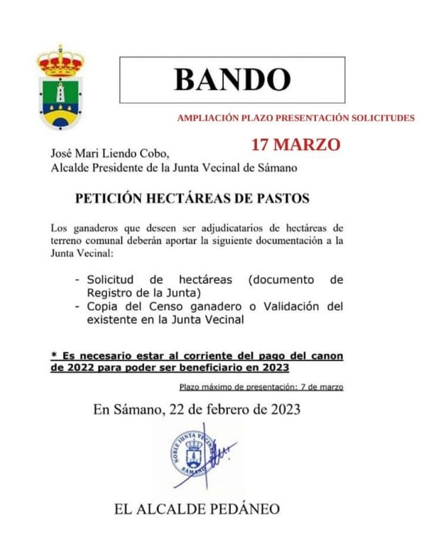 Bando: Ampliación del plazo Petición Hectáreas de Pastos 2023