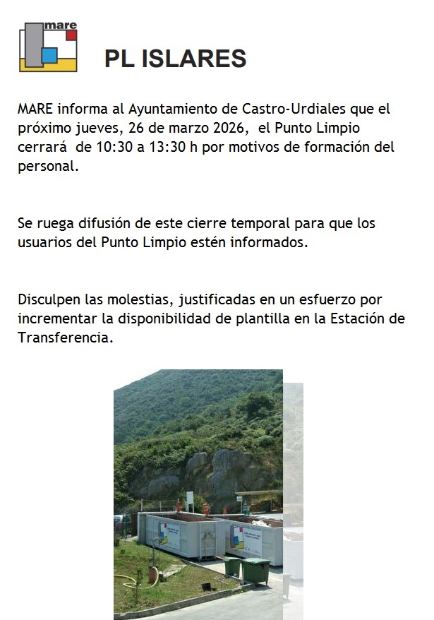 Aviso Cierre punto limpio Islares , Jueves 26 de marzo, de 10:30 a 13:30