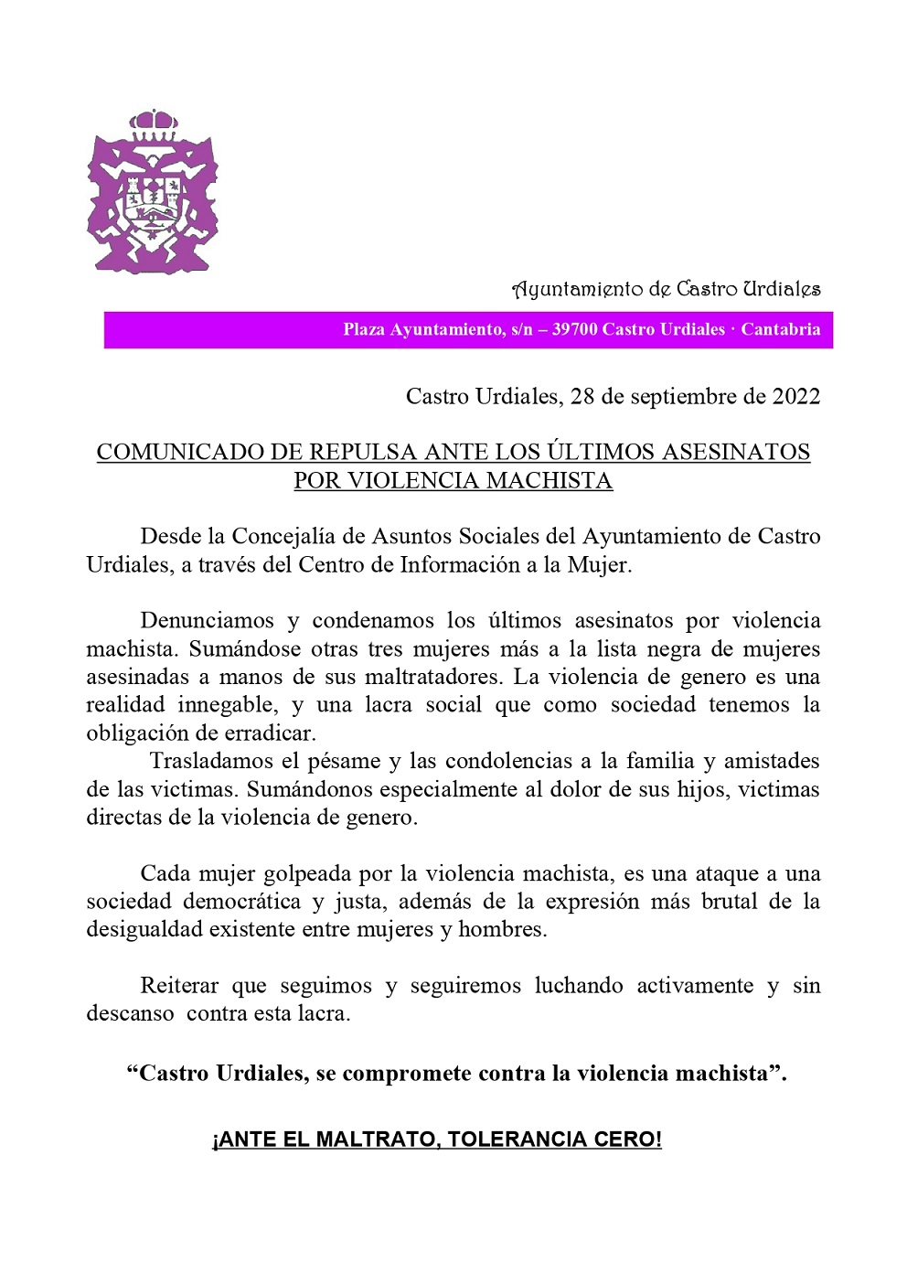 Comunicado de repulsa por los últimos  asesinatos por violencia machista