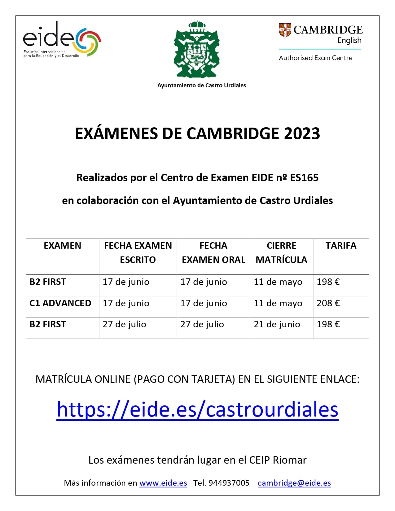 Fechas exámenes Cambridge 2023