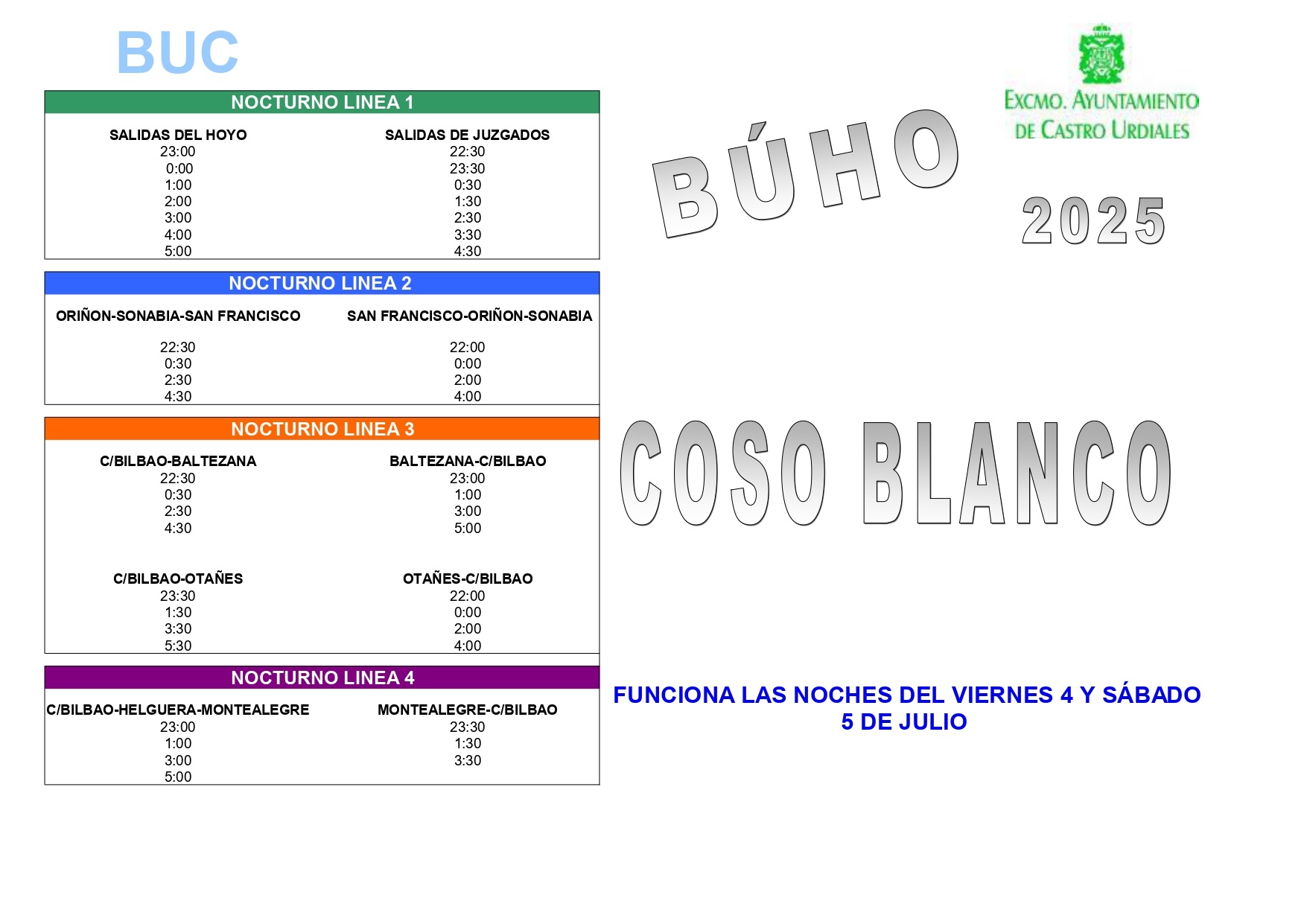 Servicio Nocturno Búho de Castrobus durante el  Coso Blanco 2025