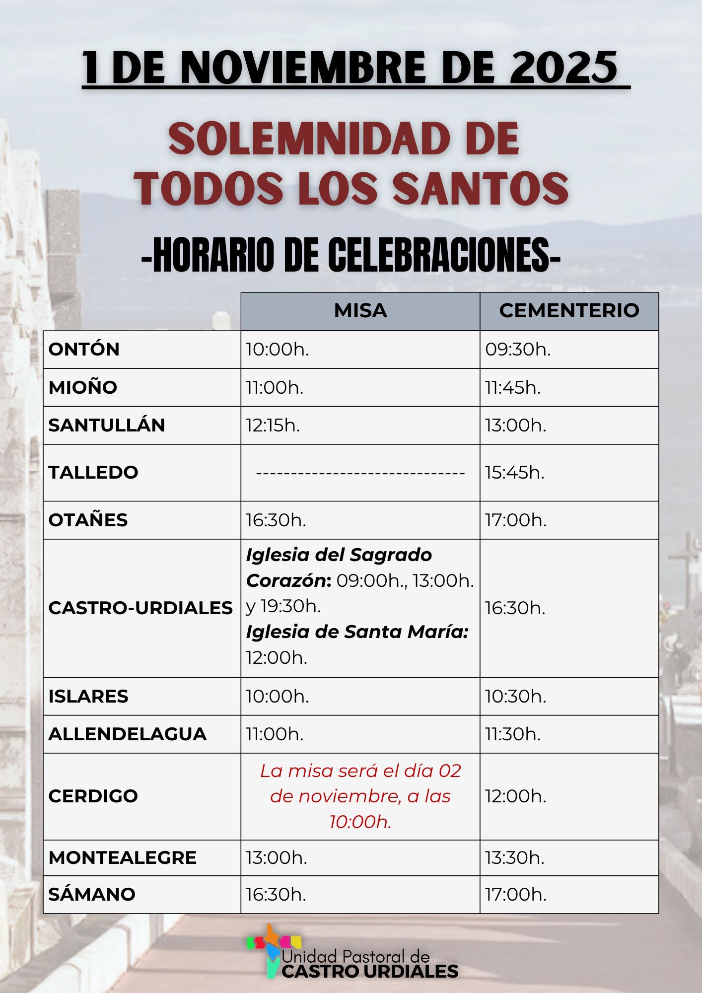 Horario Celebraciones Todos Los Santos 2025